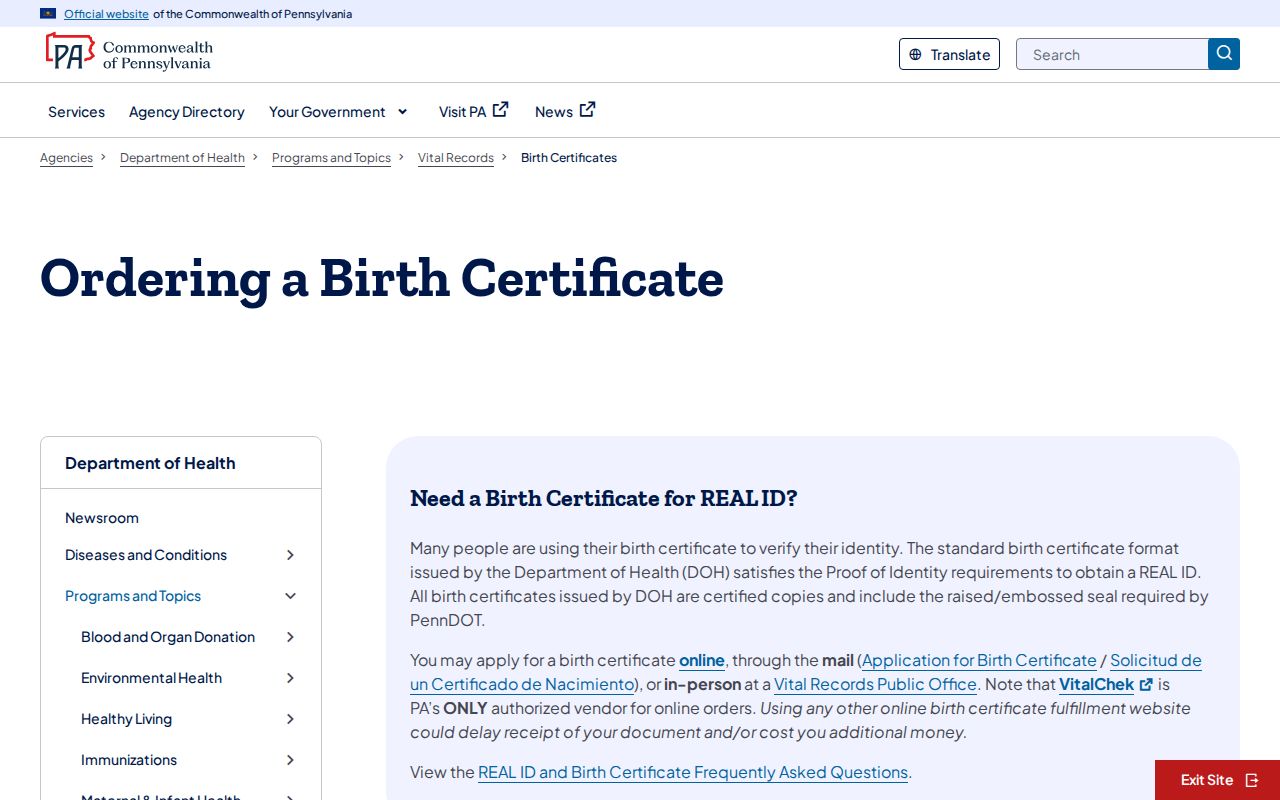 Cumberland County residents directory Pennsylvania birth record application page